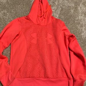 Women under armour pink orange coral semi fitted over the head large logo hoodie